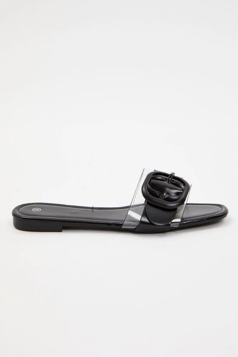 Black Buckle Detail Flat Slides
