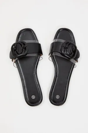 Black Buckle Detail Flat Slides